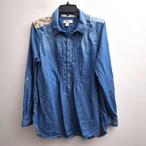 Vintage America Popover Top XL Blue Patchwork Pintuck Roll Long Sleeves Fray Hem